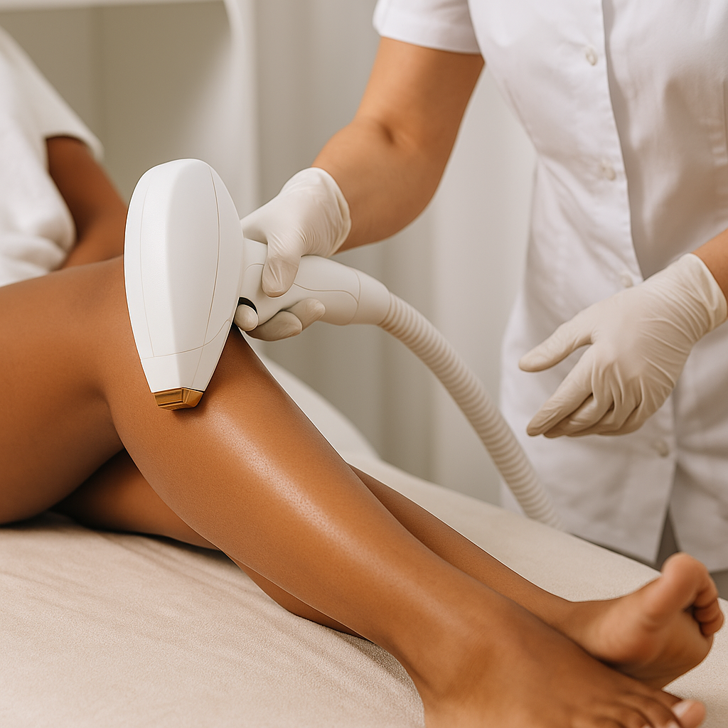 Client receiving diode laser hair removal on lower leg in Sheffield clinic; practitioner using cooling tip and client wearing protective eyewear.