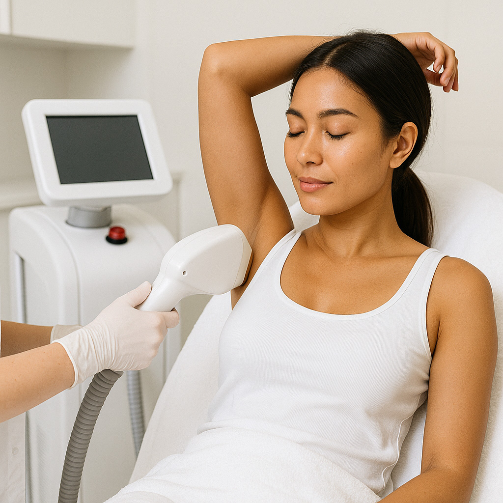 Client smiling during pain free laser hair removal in Sheffield clinic as practitioner glides cooling laser device over lower leg. Title: Pain Free Laser Hair Removal Sheffield
